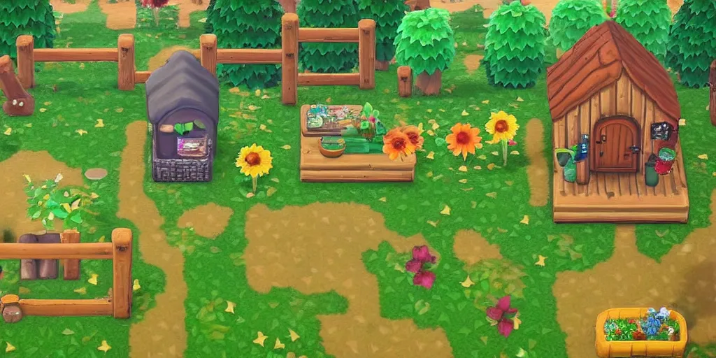 Image similar to miniature garden, cottagecore, animal crossing, stardew valley, moss, plants, cute, friendly