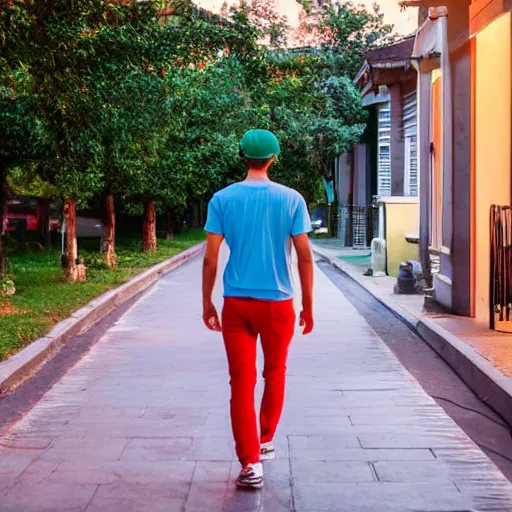 Prompt: a guy in his mid 2 0 s wearing a red t - shirt and blue pants and sporting a green cap walking on the sidewalks in a middle - class neighbourhood at night ( great details, photo - realistic, hyperrealistic, the moon light is reflecting the surface, good quality, uhd, 8 k )