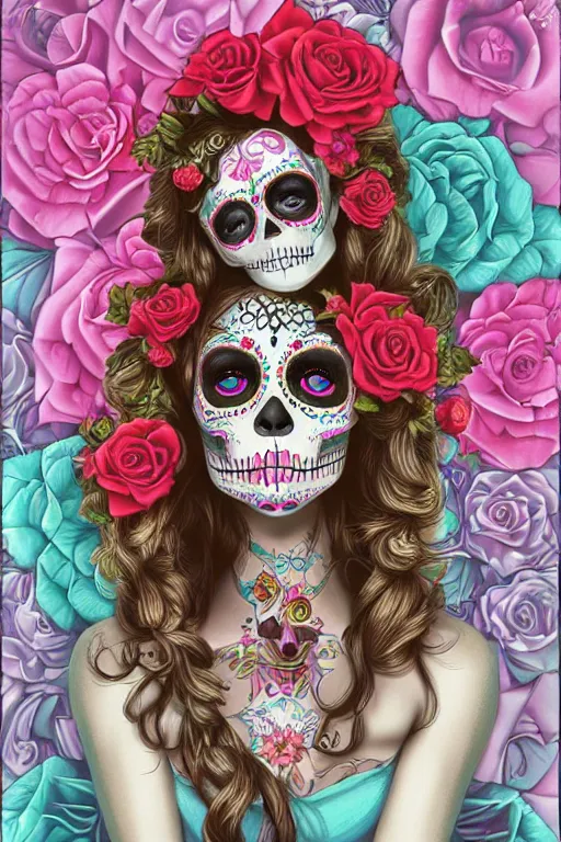 Image similar to illustration of a sugar skull day of the dead girl, art by natalie shau