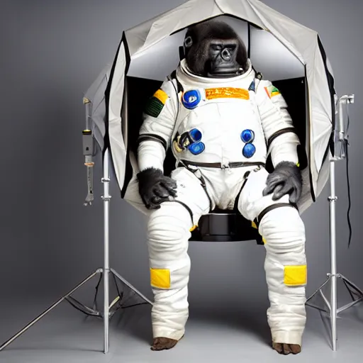 Image similar to studio photo still 8 2 9 4 of a full body gorilla in a space suit, 8 k, studio lighting, key light from right side