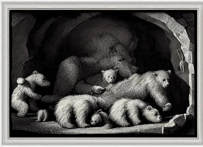 Image similar to Pieter Claesz's 'bear and her cubs sleeping in a dark cave', night time, cross hatching, framed