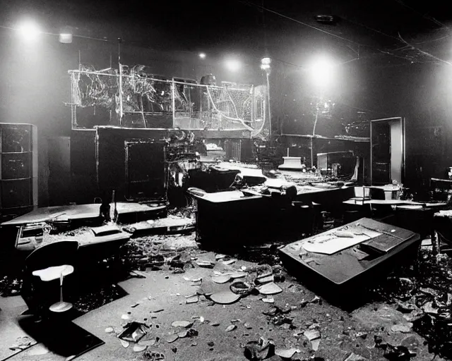 Prompt: diorama of a stage at a basement club, muted lights, broken vintage computers and cables, scattered glass shards, centered, composition by Nan Goldin, 8k, film noir, b&w photography, cinematography by Jim Jarmusch, set design by Frank Miller
