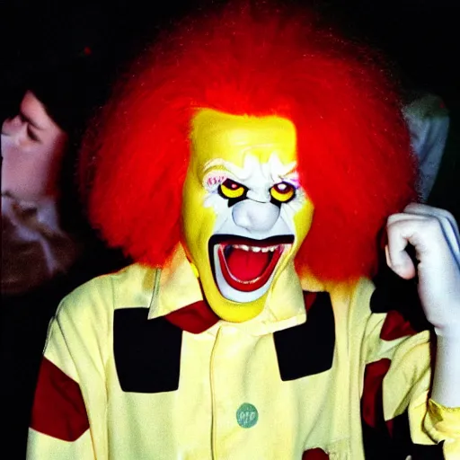 Prompt: creppy 2 0 0 1 photo of ronald mcdonald screaming in a dark room