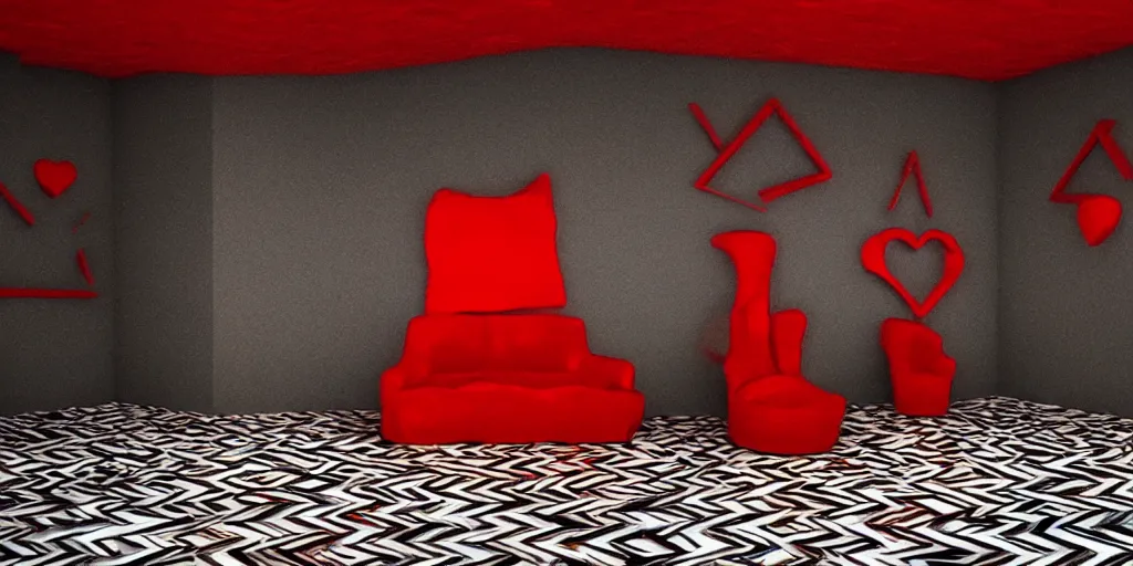 Prompt: love island in the red room, twin peaks. in the style of david lynch, black and white zig zag floor, strange, weird