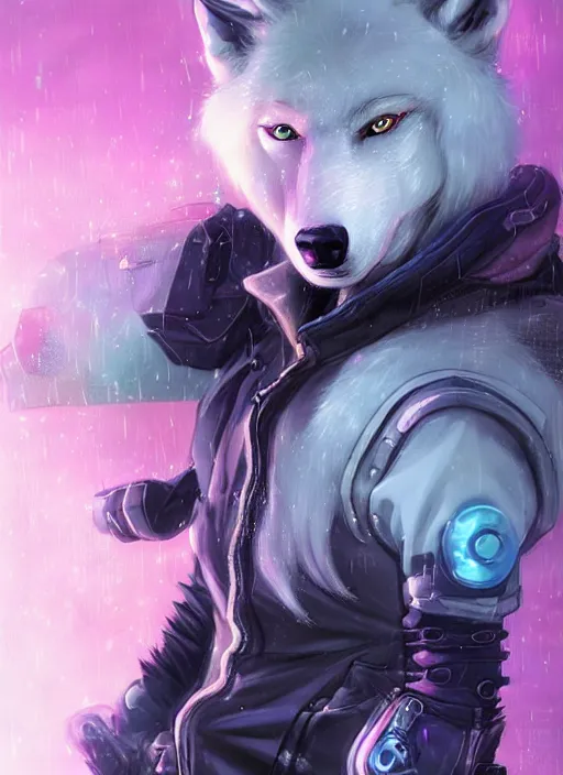 Image similar to award winning beautiful portrait commission of a male furry anthro albino wolf fursona with a tail and a cute beautiful attractive detailed furry face wearing stylish black, pink and blue cyberpunk biker clothes in a cyberpunk city at night while it rains. Character design by charlie bowater, ross tran, artgerm, and makoto shinkai, detailed, inked, western comic book art