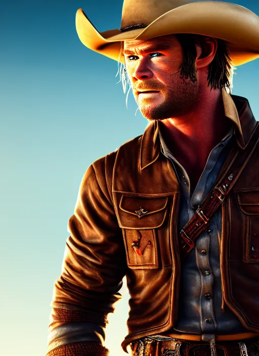 Image similar to chris hemsworth cowboy, highly detailed, 4 k, hdr, award - winning, artstation, octane render