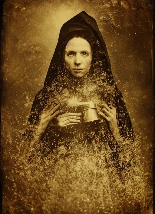 Image similar to old wetplate daguerreotype portrait of the witch, explosion of data fragments, fractal, intricate, elegant, highly detailed, parallax, leica, medium format, subsurface scattering, by jheronimus bosch and greg rutkowski and louis jacques mande daguerre