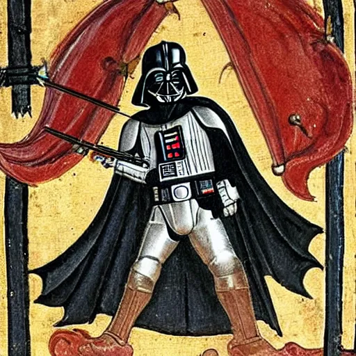 Image similar to darth vader in a medieval manuscript fighting with a dragon, medieval manuscript, golden miniatures