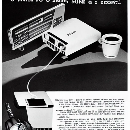 Image similar to 1 9 6 0's magazine ad featuring a photo of a playstation 5. 3 5 mm, black and white, advertising photography