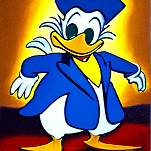 Image similar to Scrooge McDuck from the Duck Tales in blue costume standing on a mountain of gold and holding a cane, view from below, full body portrait, oil painting, highly detailed