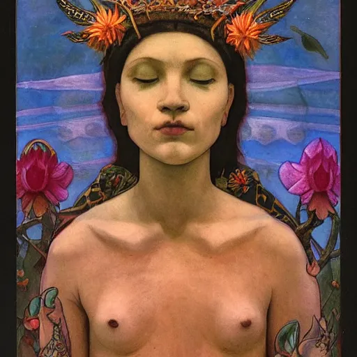 Image similar to the dawn crown, by Annie Swynnerton and Nicholas Roerich and Diego Rivera, bioluminescent skin, tattoos, wings made out of flowers, elaborate costume, geometric ornament, symbolist, soft colors, smooth, sharp focus, extremely detailed