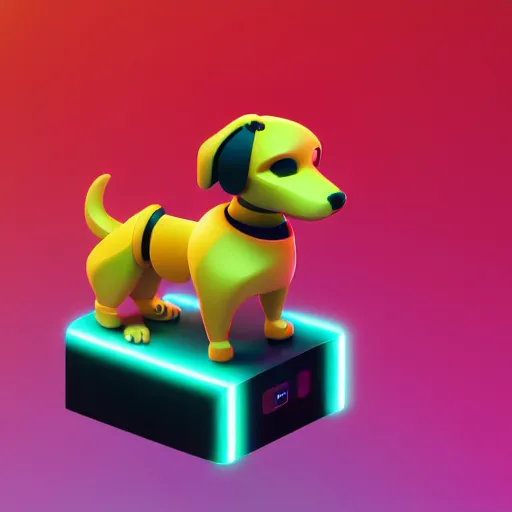 Prompt: isometric puppy bot, 3 d character realistic, very colorful, cinematic lighting, soft neon, volumetric lighting, apple design, jony ive, octane render, trending on artstation