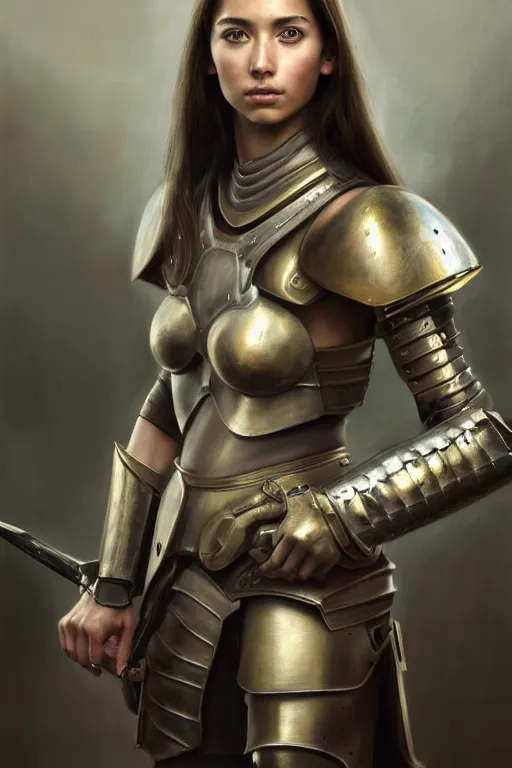 Image similar to a photorealistically painted portrait of an attractive young girl, partially clothed in military battle armor, with an abstractly painted background, flawless olive skin, fair complexion, long dark hair, beautiful bone structure, perfectly symmetric facial features, perfect photorealistic eyes, natural physique, intricate, elegant, digital painting, concept art, finely detailed, beautifully illustrated, sharp focus, minimal artifacts, volumetric lighting, from Halo, by Ruan Jia and Mandy Jurgens and Artgerm and William-Adolphe Bouguerea, in the style of Greg Rutkowski, trending on Artstation, award winning art