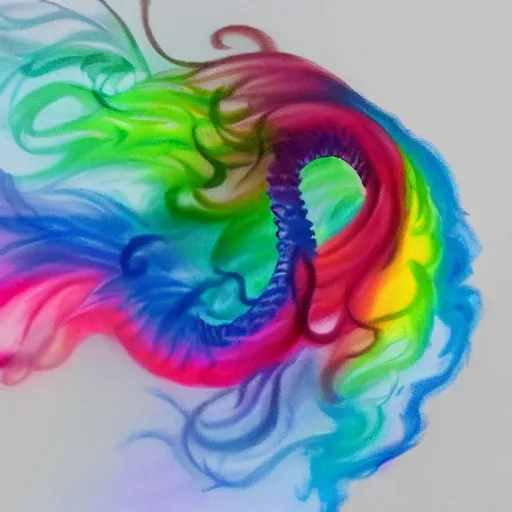 Image similar to multi color smoke with the outstretched ribbed wings and head of a fairytale dragon, billowy, 8 k, 4 k