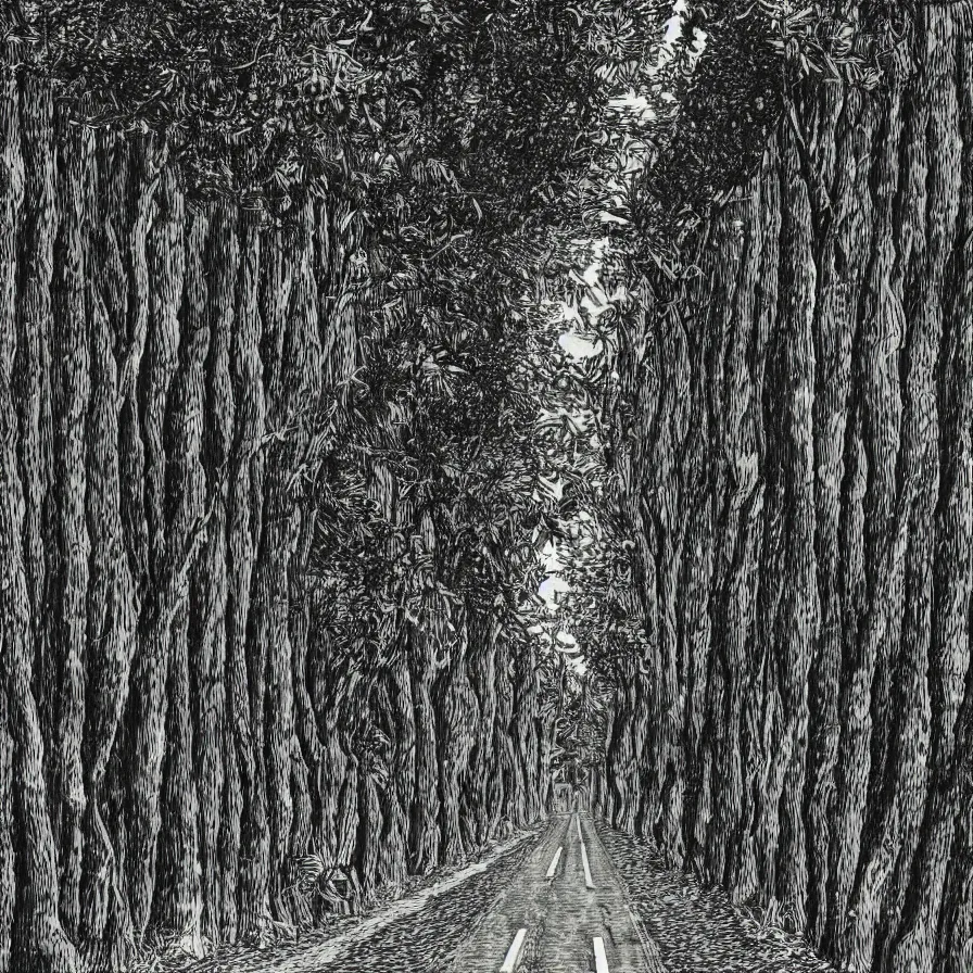 Prompt: highway to the sun as an etching, video game, cavern forests, monochrome