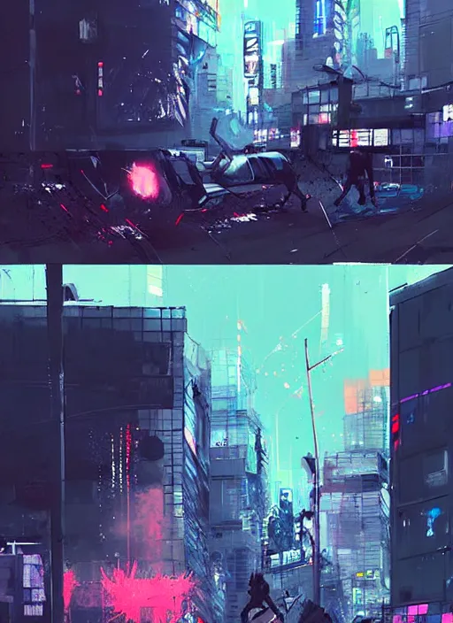 Prompt: cyber art, mutants rampaging in shinjuku street, blue starship in the background, art by ismail inceoglu