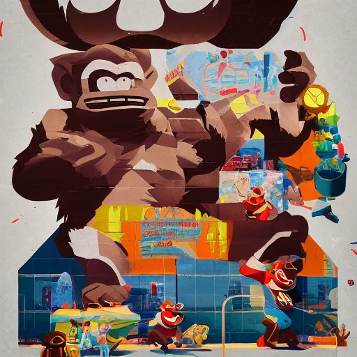 Prompt: Donkey Kong Nintendo by Sachin Teng, asymmetrical, Organic Painting , Hard Light and long shadows, Matte Painting, geometric shapes, hard edges, graffiti, street art, 300 dpi :2 by Sachin Teng:4