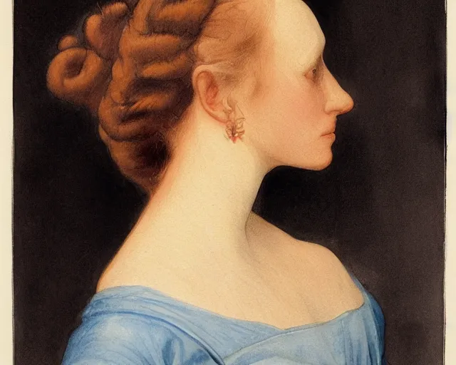 Prompt: colored portrait. a very unique profile, seen from the side, medium shot, of a woman's profile, with sharp face, a straight and very long nose, and huge prominent eyes. her hair is curly. old photograph. sharp image. watercolor. highly detailed, color harmony, art station, ornate, caravaggio style. old photography