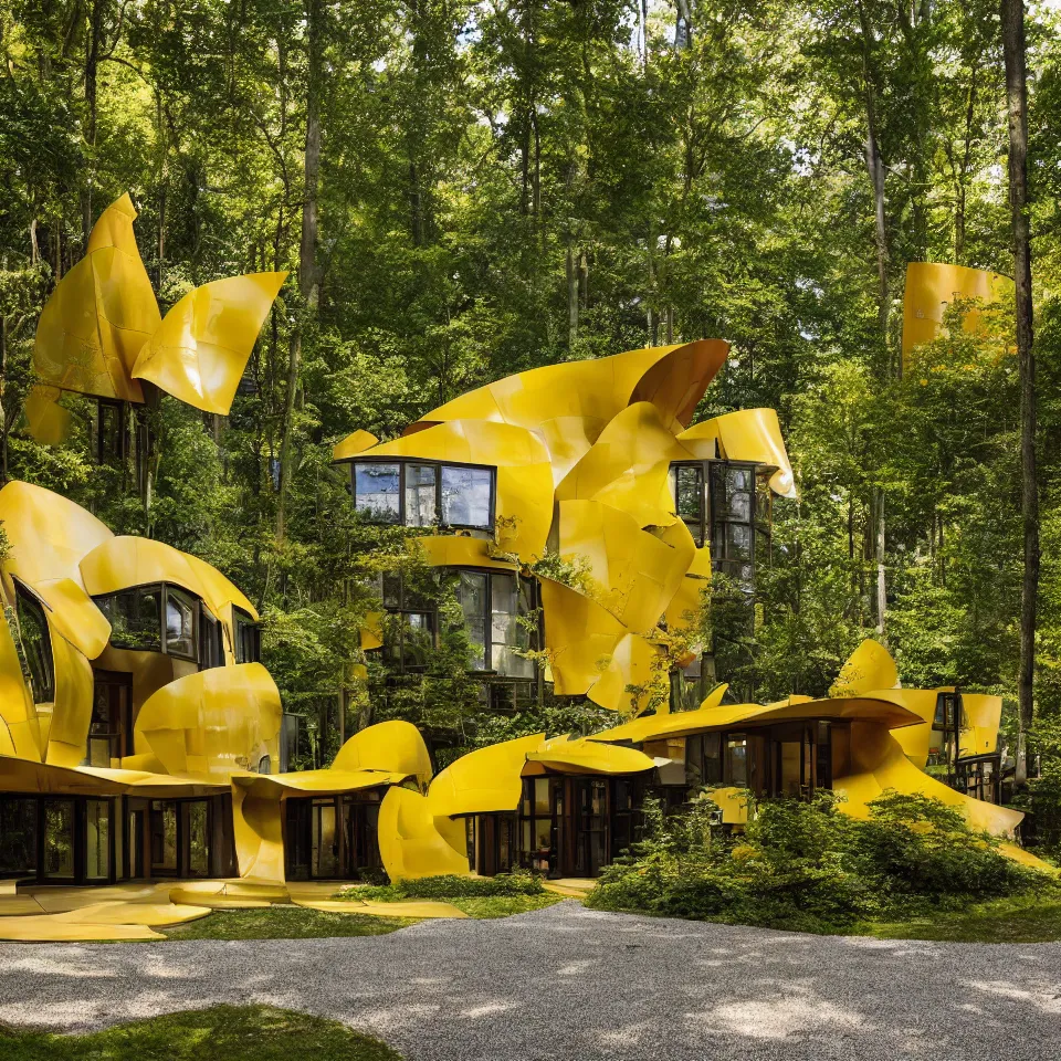 Image similar to a house in a light forest clearing, designed by Frank Gehry. Tiles. Gravel pathway with parking. Barbecue in front. Film grain, cinematic, yellow hue