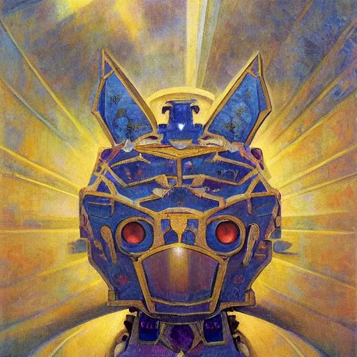 Prompt: masterpiece painting of an ornate bejeweled robot cat head, by annie swynnerton and diego rivera and nicholas roerich and jean delville, symbolist, dramatic lighting, god rays, elaborate geometric ornament, art brut, rich colors, smooth, sharp focus, extremely detailed, adolf wolfli and ( donato giancola )