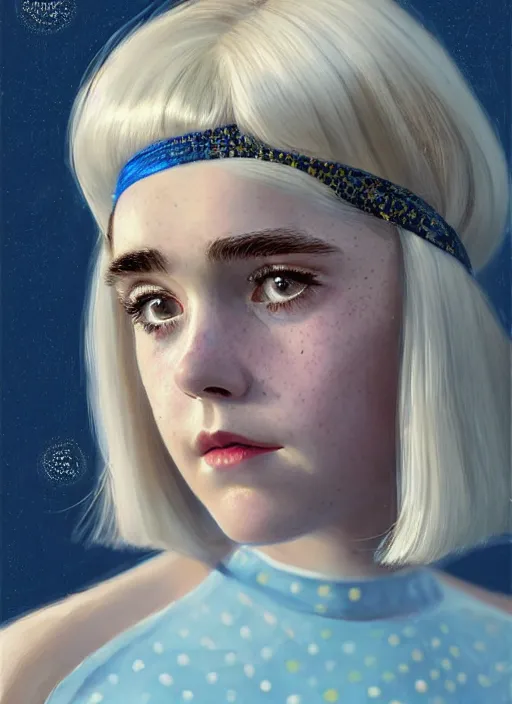 Image similar to portrait of kiernan shipka with freckles, white hair, big 1 9 6 0 s bob hairstyle with bangs and hairband, blue 1 9 6 0 s dress, intricate, elegant, glowing lights, highly detailed, digital painting, artstation, concept art, smooth, sharp focus, illustration, art by wlop, mars ravelo and greg rutkowski