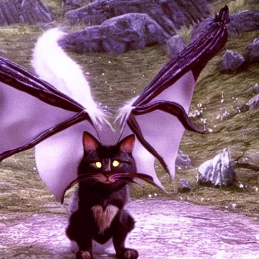 Prompt: a film still of a very cute fantasy cat with beautiful dragon wings in the film lord of the rings