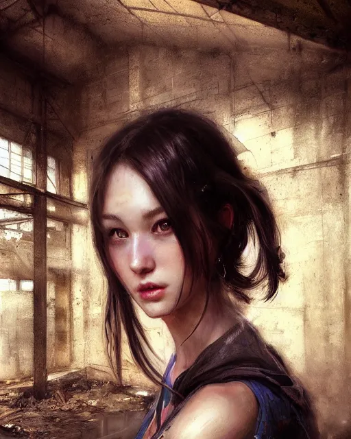 Prompt: daniel gerhartz and artgerm detailed portrait digital rococo painting of a beautiful woman wearing streetwear clothing, abandoned warehouse interior in the background, unreal engine, hyper realism, realistic shading, cinematic composition, realistic render, octane render, hdr, detailed textures, photorealistic, ultrawide shot, 3 5 mm film