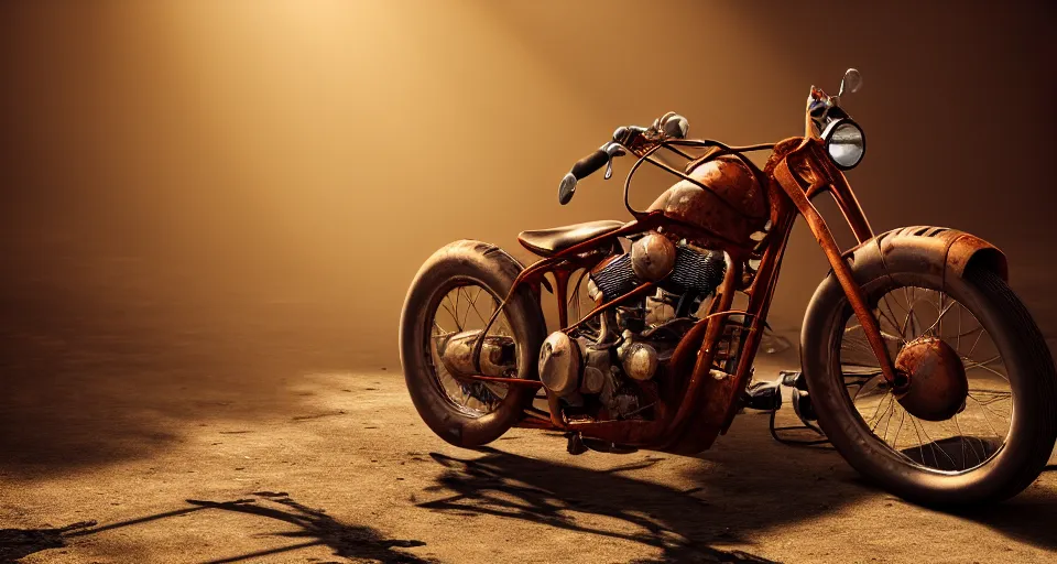 Prompt: A close up photograph of a rusty 1950's Harley Davidson chopper in a dusty repair shop, soft lighting, crepuscular rays, realistic octane render, 8k, ultra detailed, concept art