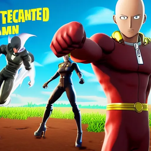 Image similar to one punch man in fortnite, character render, full body shot, highly detailed, in game render