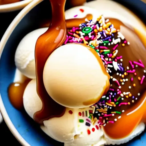 Prompt: closeup of a bowl with three balls of vanilla ice cream covered with caramel sauce and sprinkles. Simplistic.