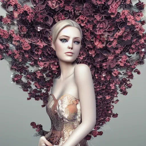 Image similar to beautiful blonde lady in a 3D flower dress , hyperrealistic, ultra detailed, octane render, symmetric, 3d, majestic, dark fantasy, intricate