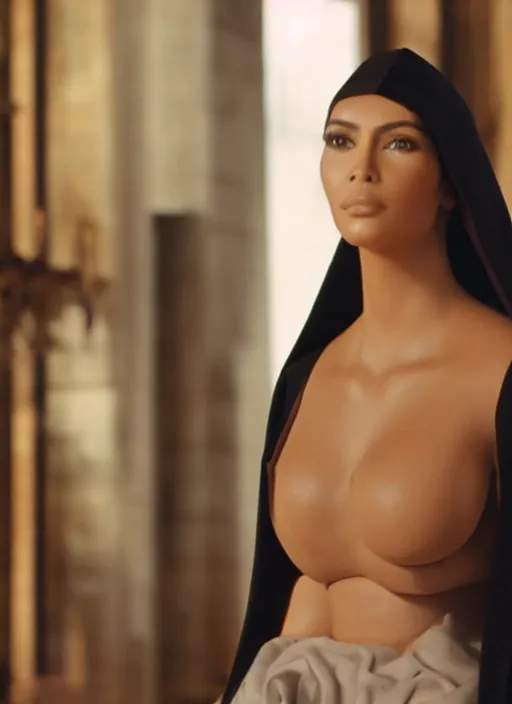 Image similar to a film still of kim kardashian as a nun with her bust slightly exposed. backround : church interior