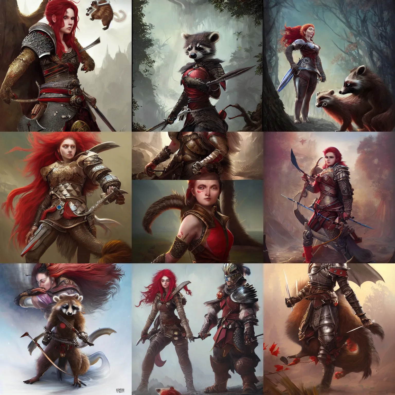 Prompt: a beautiful hyper realistic detailed epic concept art showing ( ( a determined knight women with red hair ) ) protected by the sacred raccoon, extremely detailed raccoon, by tom bagshaw, ross tran and bayard wu, in the style of dragon age, featured on artstation