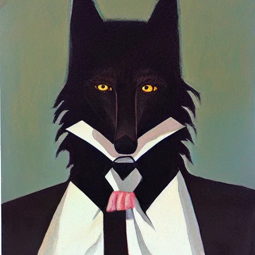 Image similar to portrait of a male anthro anthropomorphic black fox furry fursona with hands on eyes, wearing a suit, 1 9 7 0 s oil on canvas painting, by famous artist jylon denja