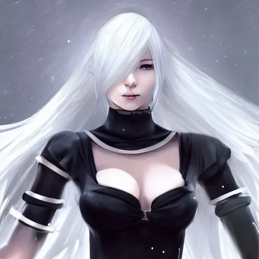 Prompt: A2 from nier automata, long white hair, slim build, fair skin, dynamic pose, smooth, beautiful, elegant, high detailed, artstation, digital illustration, splash art, fanart by artgerm, ross draws