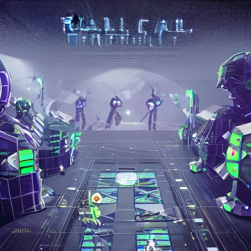 Image similar to hall construct in cyber space concept, a lot of avatars, tables, large screen, artstation