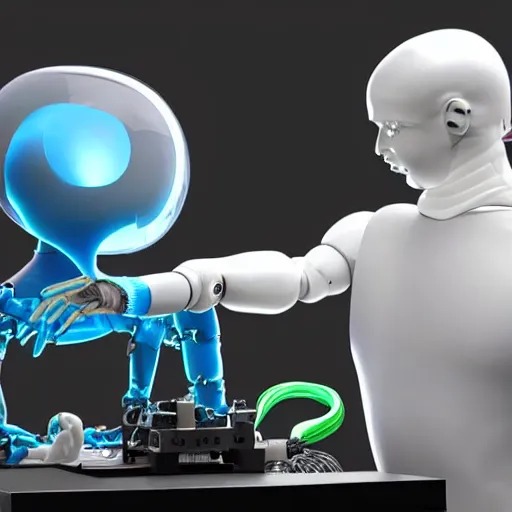 Image similar to a futuristic mechanic scientist constructing a humanoid robot in a 3 d printer