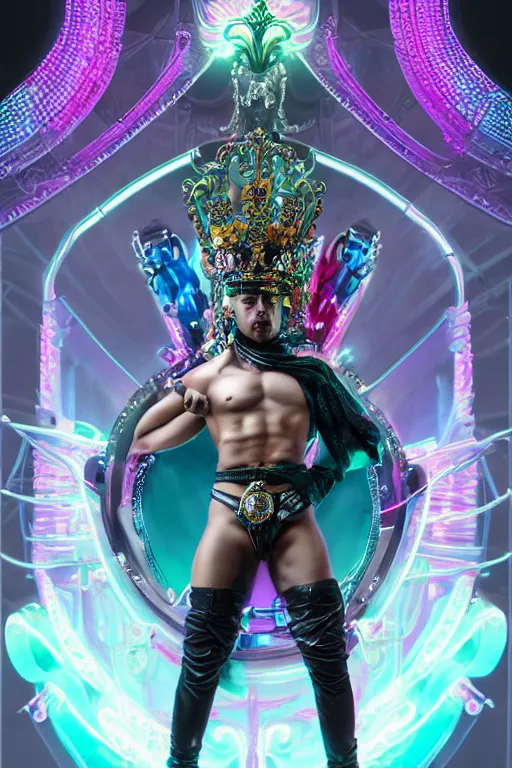 Image similar to full-body rococo and cyberpunk style neon statue of a muscular attractive Jay Sean sim roupa macho dotado e rico android sim roupa reclining con las piernas abiertas e la piroca dura e afuera, glowing white laser eyes, prince crown of red gears, diamonds, swirling black-colored silk fabric. futuristic elements. full-length view. space robots. alien skulls. intricate artwork by caravaggio. Trending on artstation, octane render, cinematic lighting from the right, hyper realism, octane render, 8k, depth of field, 3D