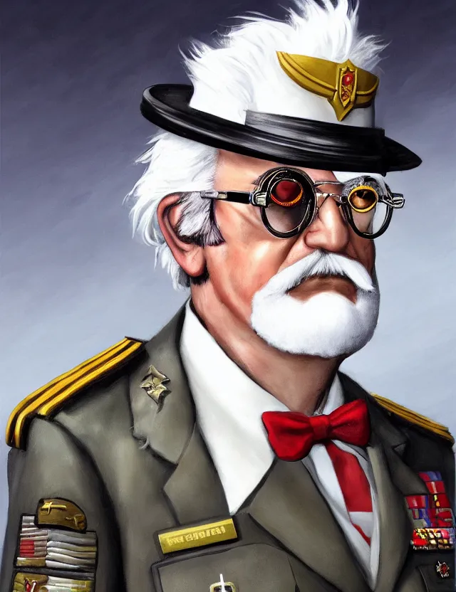 Image similar to a portrait of colonel sanders wearing a military uniform and an eyepatch, by moebius and tyler edlin and hr giger, trending on artstation, digital art, 4 k resolution, detailed, high quality, sharp focus, hq artwork, coherent, insane detail, concept art