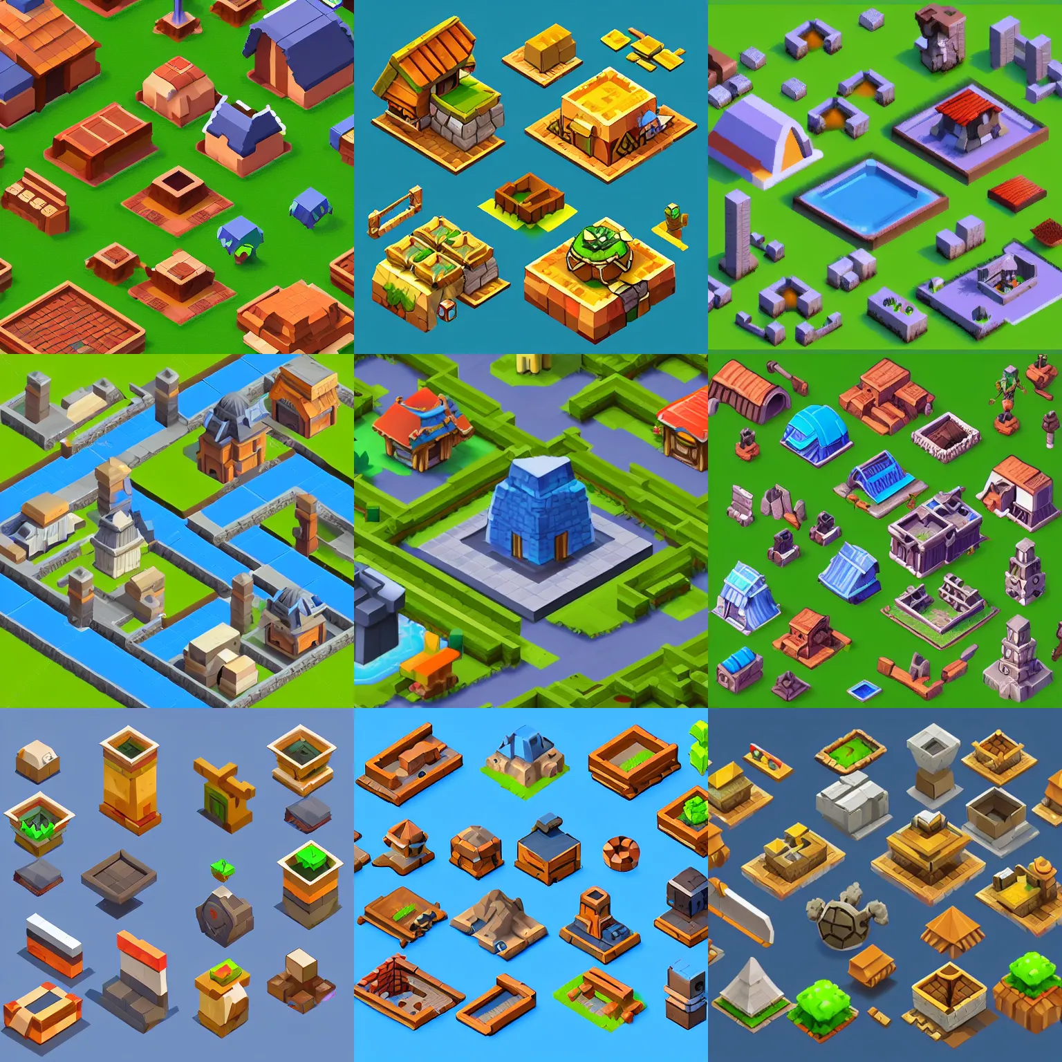 Prompt: collection of isometric building sprites, solid ground, clash of clans style, modular game dev art