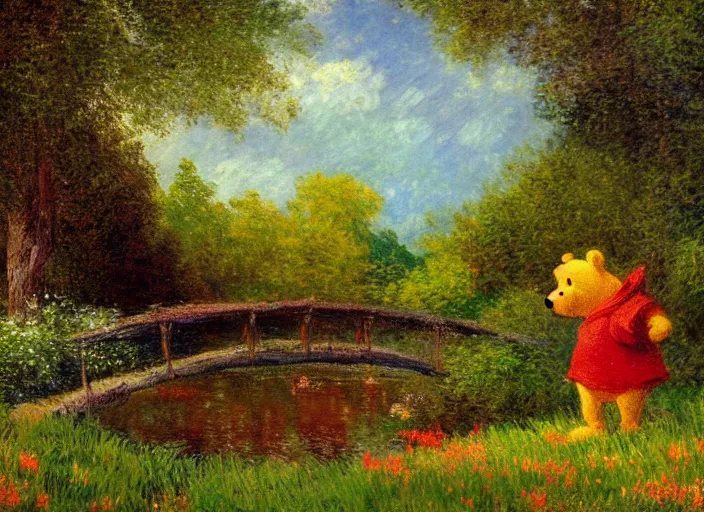 Image similar to romanticism impressionism landscape painting of winnie the pooh characters at night, night time, colorful paper lanterns, string lights, in the style of hudson river school and thomas cole and albert bierstadt and vincent van gogh and claude monet