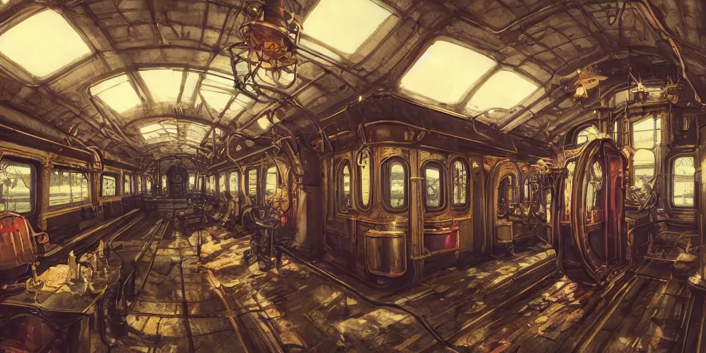 Prompt: steampunk train wagon interior, colorful, contrast, depth of field, 3 d scene, render, greg rutkowski, zabrocki, karlkka, jayison devadas, trending on artstation, 8 k, ultra wide angle, zenith view, pincushion lens effect