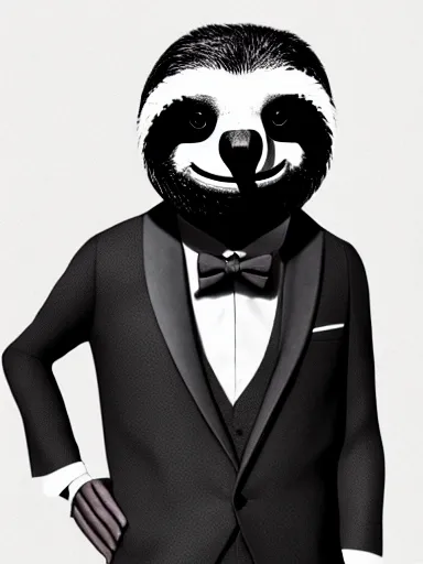 Image similar to full body portrait of anthropomorphic sloth in formalwear : : debonair, gq, noir : : digital art, concept art, digital illustration, photorealism, hyperreal