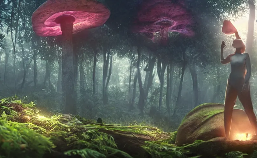 Image similar to a beautiful render of a mushroom growing out of a human a skull in a rainforest, sunset lighting, intricate detail, hazy, humid, volumetric lighting, god rays, 8 k, photorealistic, raytracing effects, unreal engine 5