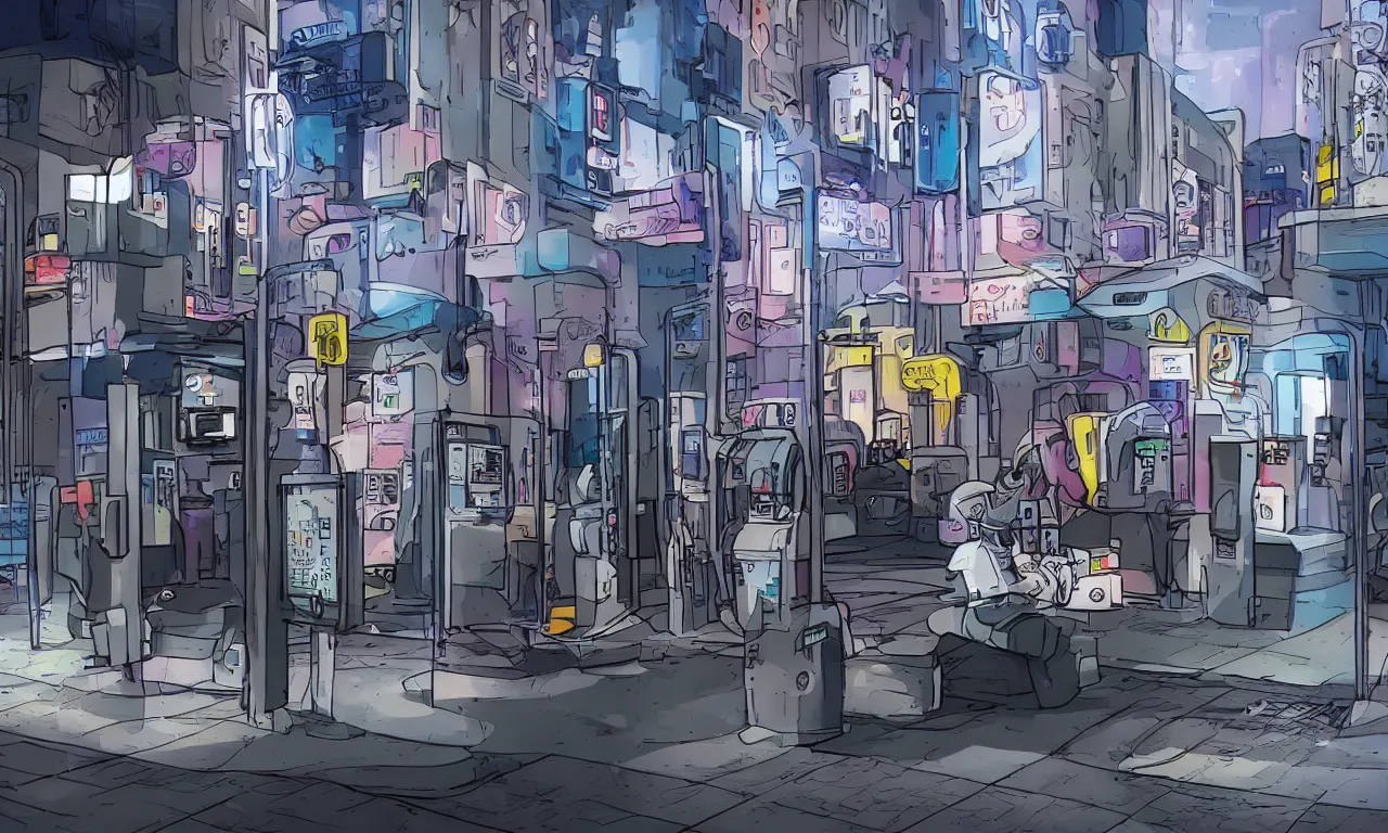 Prompt: in a future city a machine sits on a street corner dispensering pharmaceutical psychoactive drugs