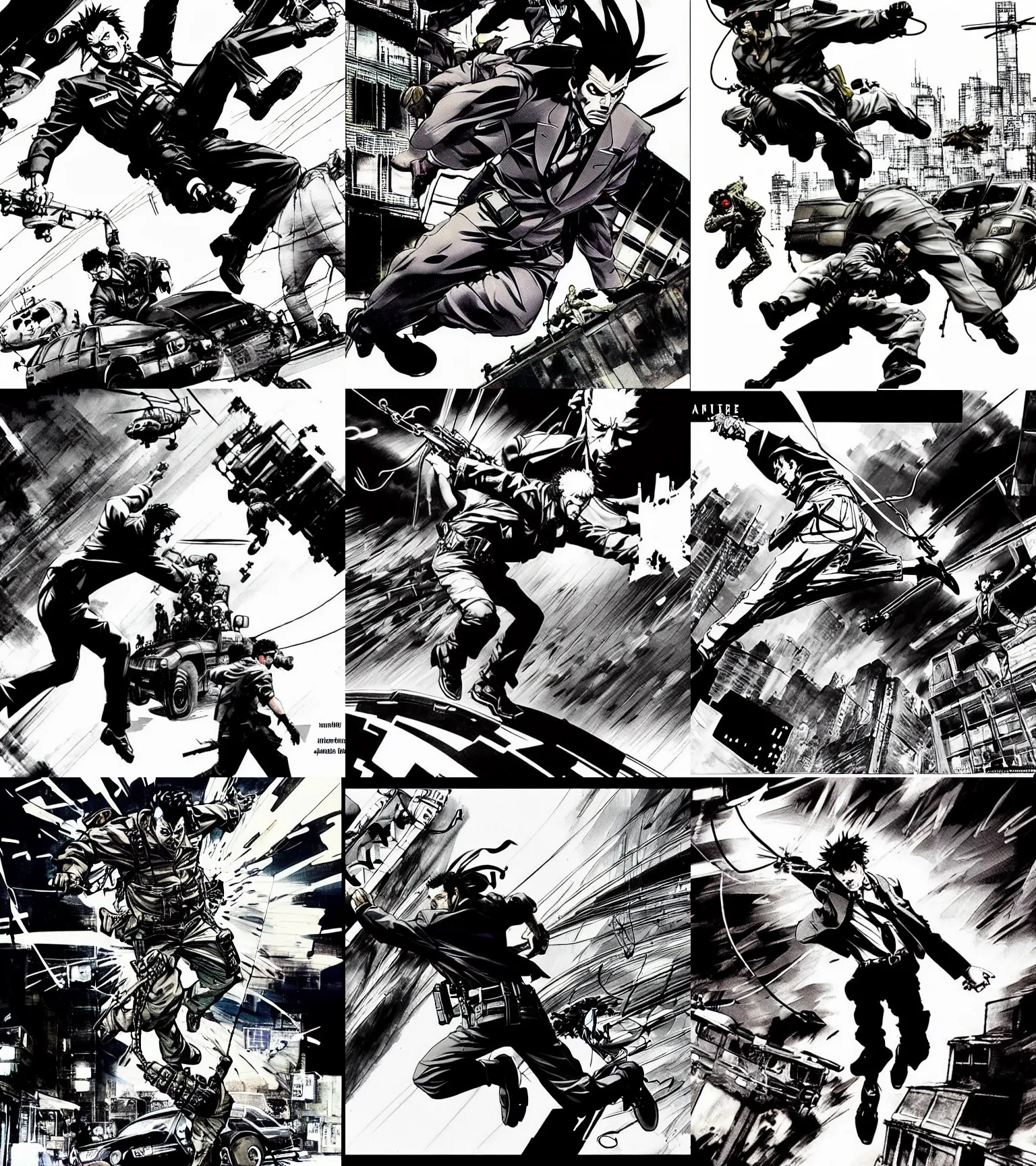 Prompt: a scene of a detective jumping out of a fast moving helicopter to stop the villain from unleashing 1 0 0 0 skunks on the town, film noir, black and white, comic book art, by yoji shinkawa and takehiko inoue and kim jung gi, masterpiece, perfect