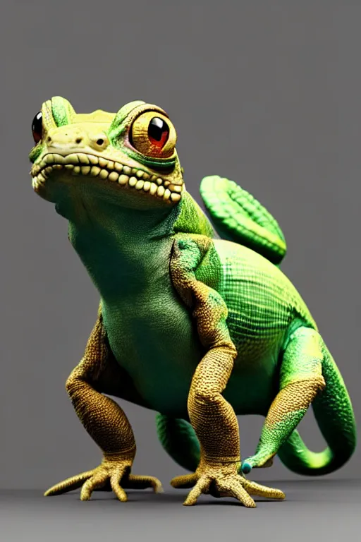 Image similar to high quality 3 d render hyperrealist very cute happy chameleon wearing armor, vray smooth, detective pikachu, very dramatic light, low angle, uhd 8 k, shallow depth or field