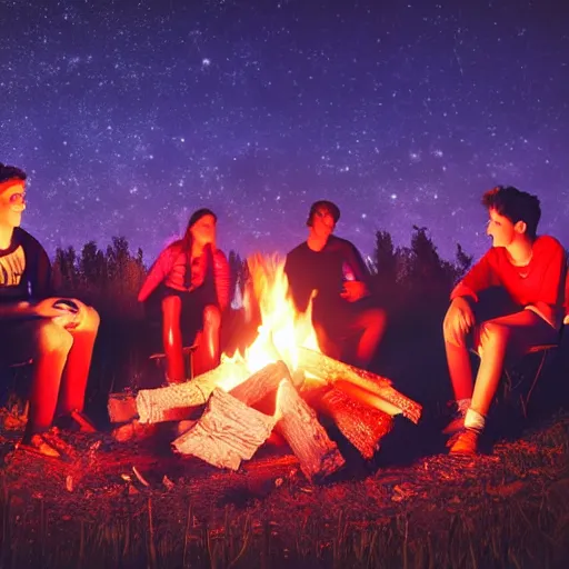 Prompt: group of teenagers sitting around a campfire, realistic, night