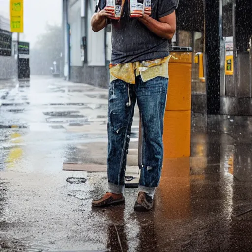 Prompt: man standing outside, drinking a canned beer, it is raining and he has no shelter so he gets soaked.