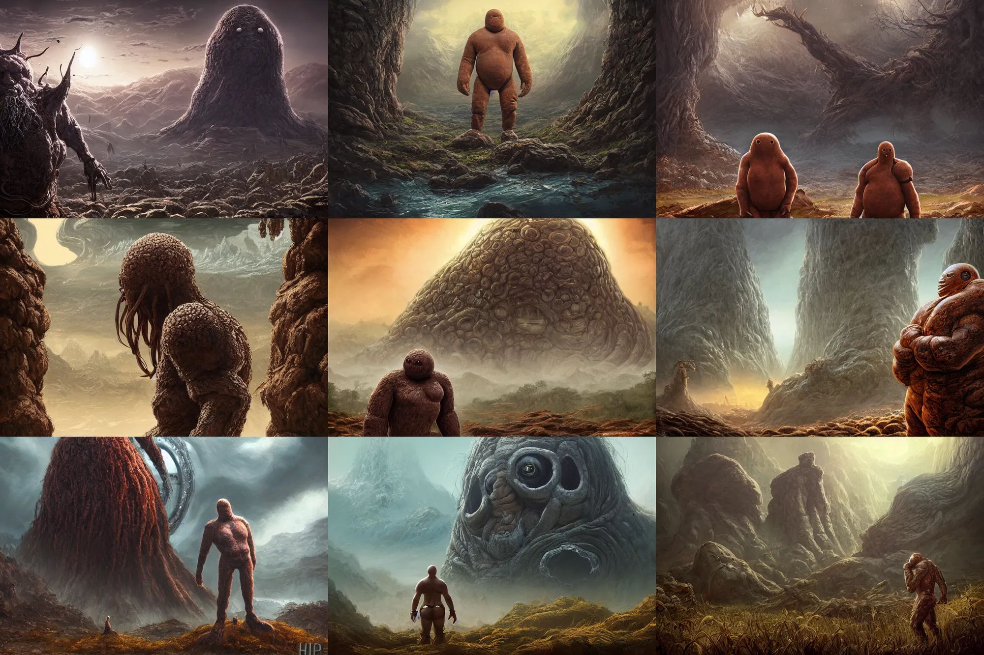 Prompt: highly detailed elden ring portrait photo of a huge humanoid diglett wandering in a scenic dystopian environment. even bigger massive digletts in the background, hyperrealistic illustration by william didier - pouget